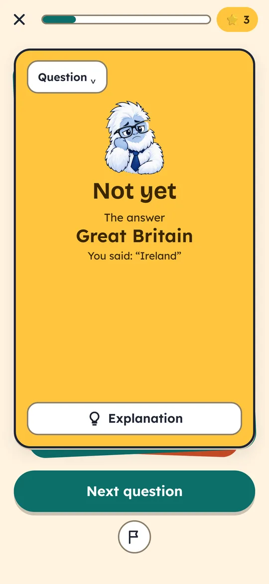 A “Not yet” card with the right answer