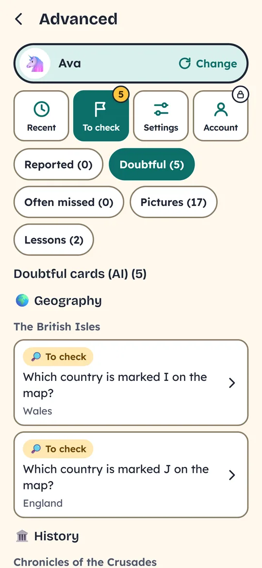 The “Advanced” area: cards to check